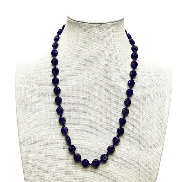 Art Glass Necklace Cobalt Blue Speckled Pressed Disc Style and Seed Beads 20" - Picture 4 of 10